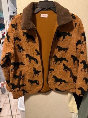 Pink Lily Brown Sherpa Jacket with Black Horse Print